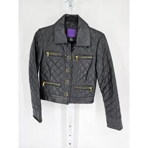 Forever 21 Womens Sz S Cropped Faux Leather Jacket Quilted Black Gold